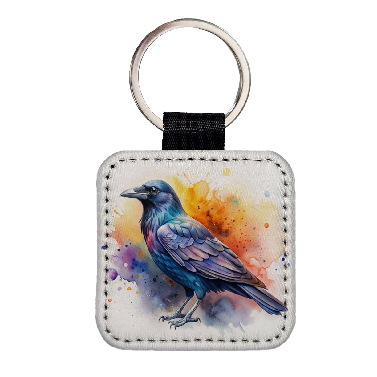 Raven Colorful Watercolor Square Faux Leather Keychain