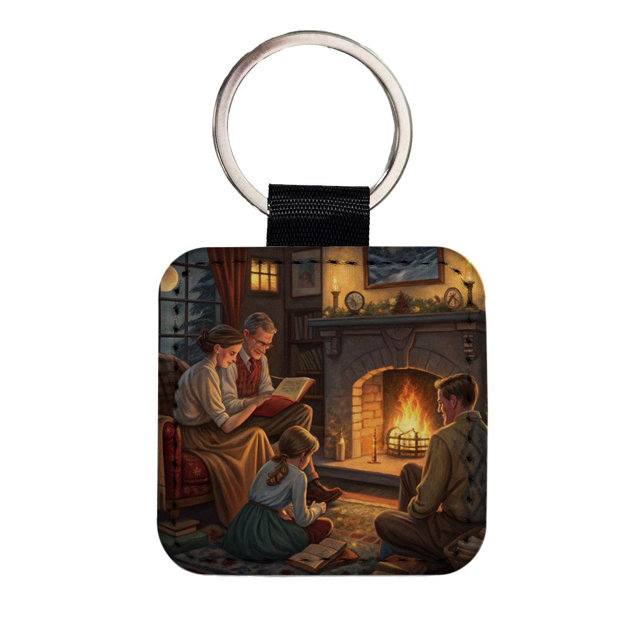 Reading by the Fireplace Americana Square Faux Leather Keychain