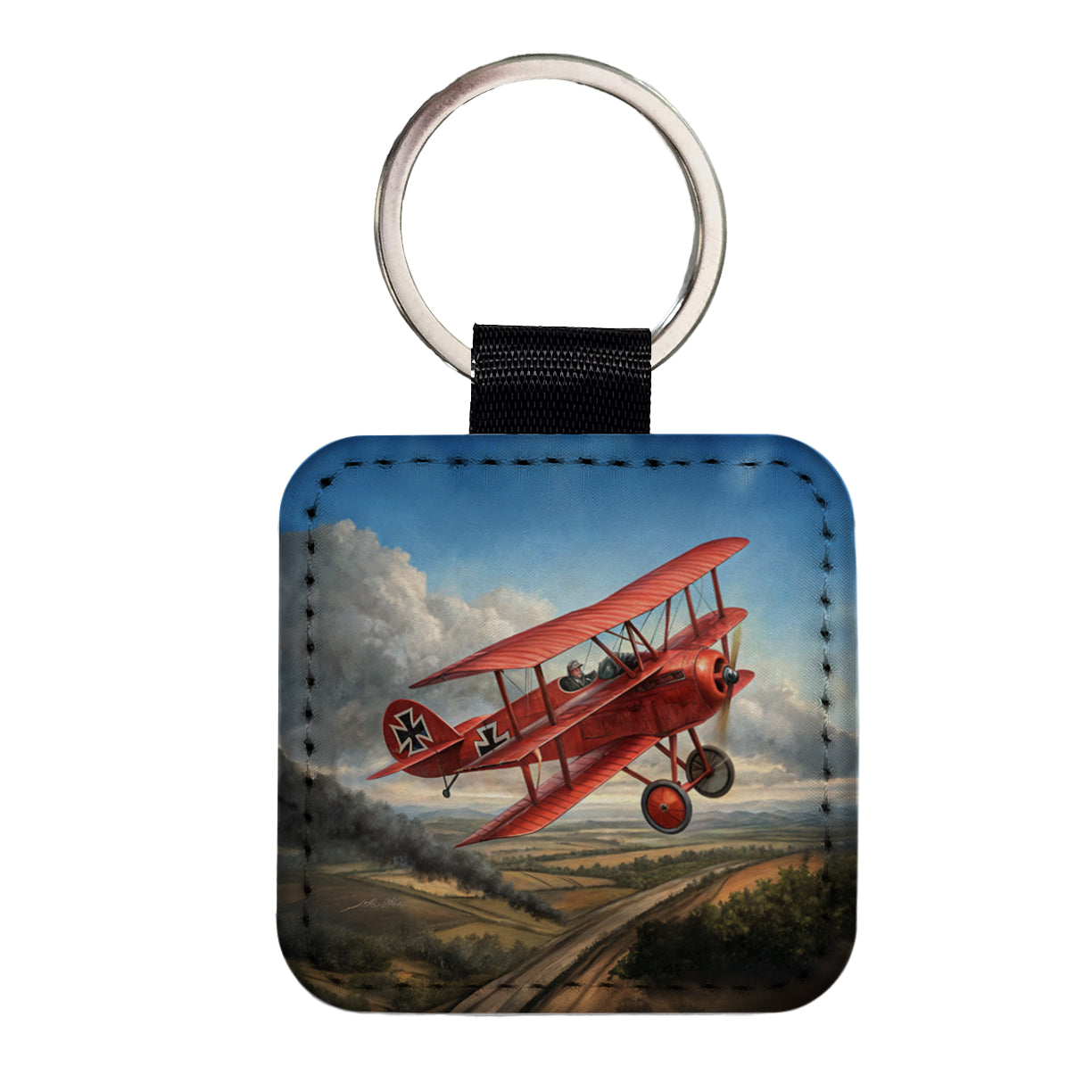 Red Baron's WWI Fokker Triplane Square Faux Leather Keychain