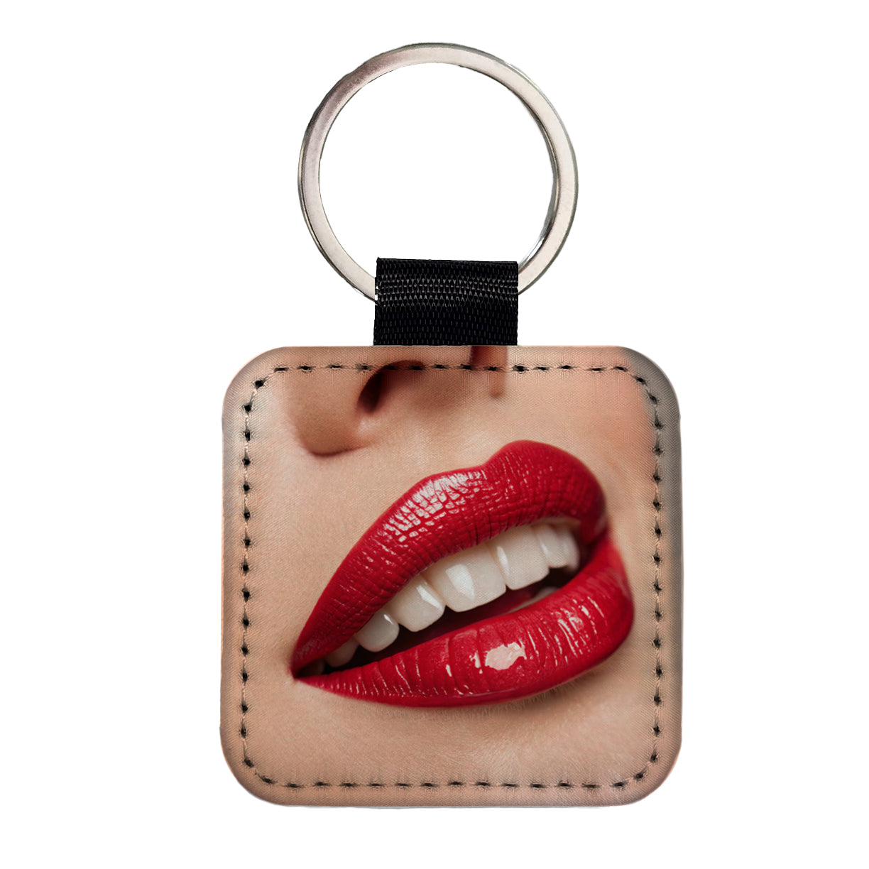 Red Lips Smile Square Faux Leather Keychain