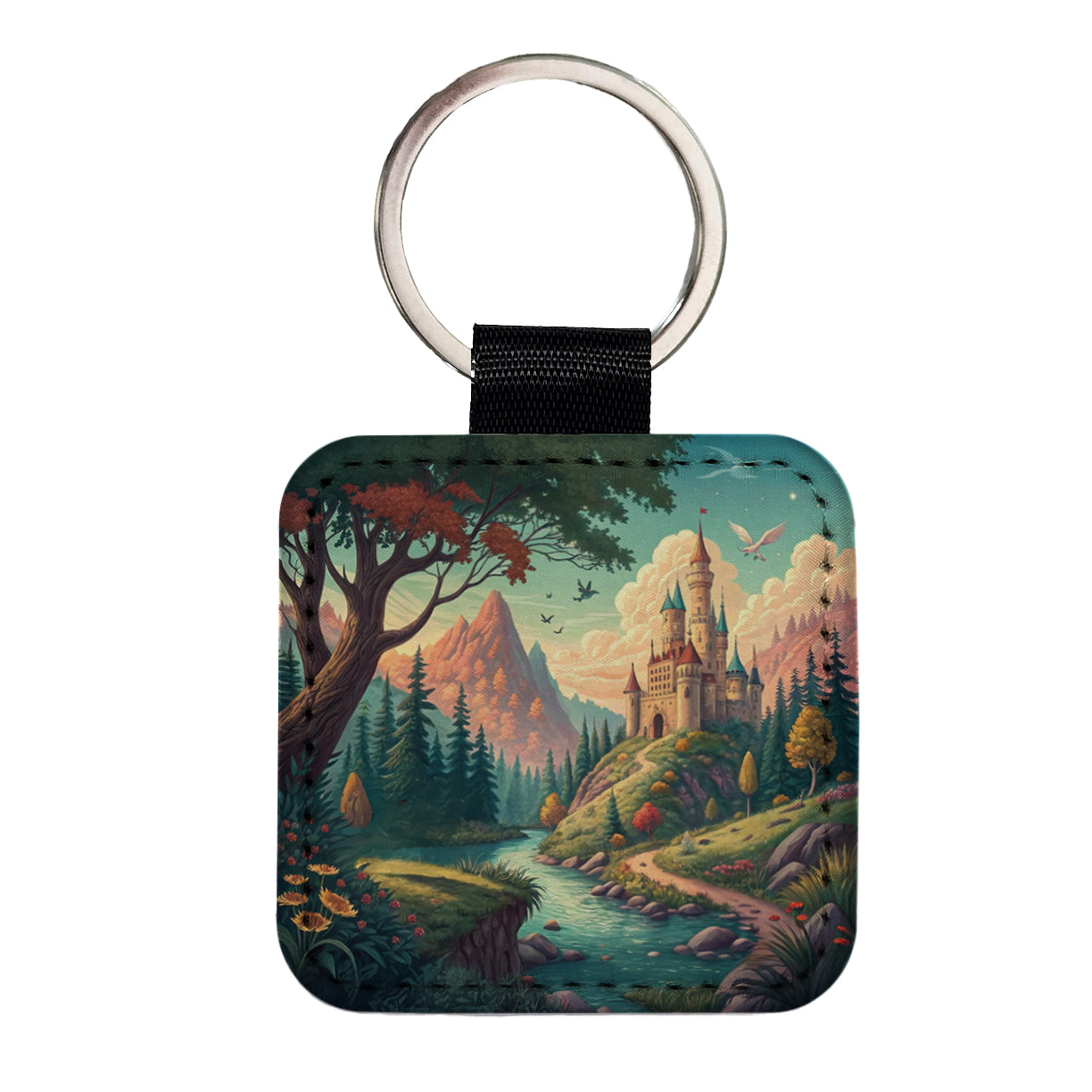Retro Fantasy Art Castle Kingdom Scene Square Faux Leather Keychain