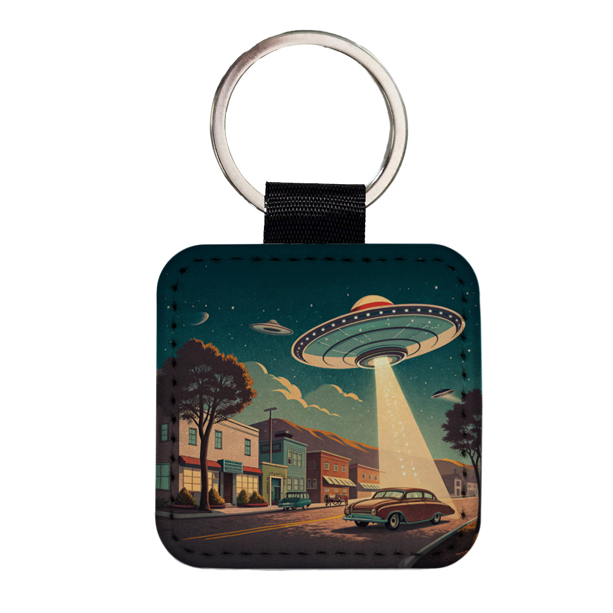 Retro Sci-fi 50's Poster Art Flying Saucer Square Faux Leather Keychain