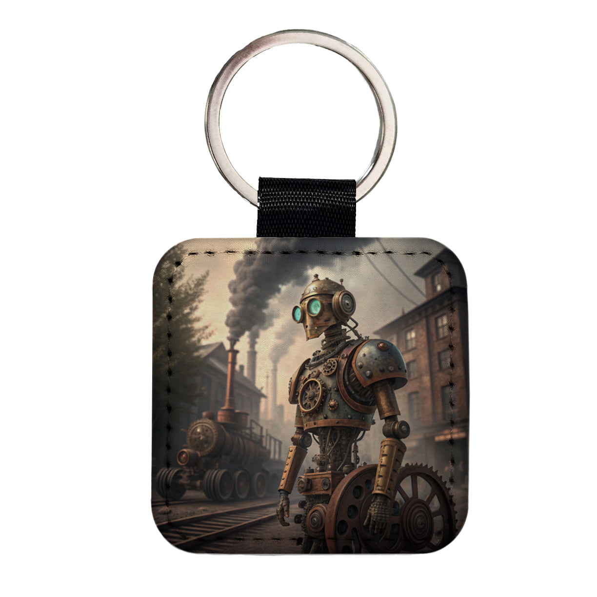 Retro Steampunk Factory Robot Android Square Faux Leather Keychain