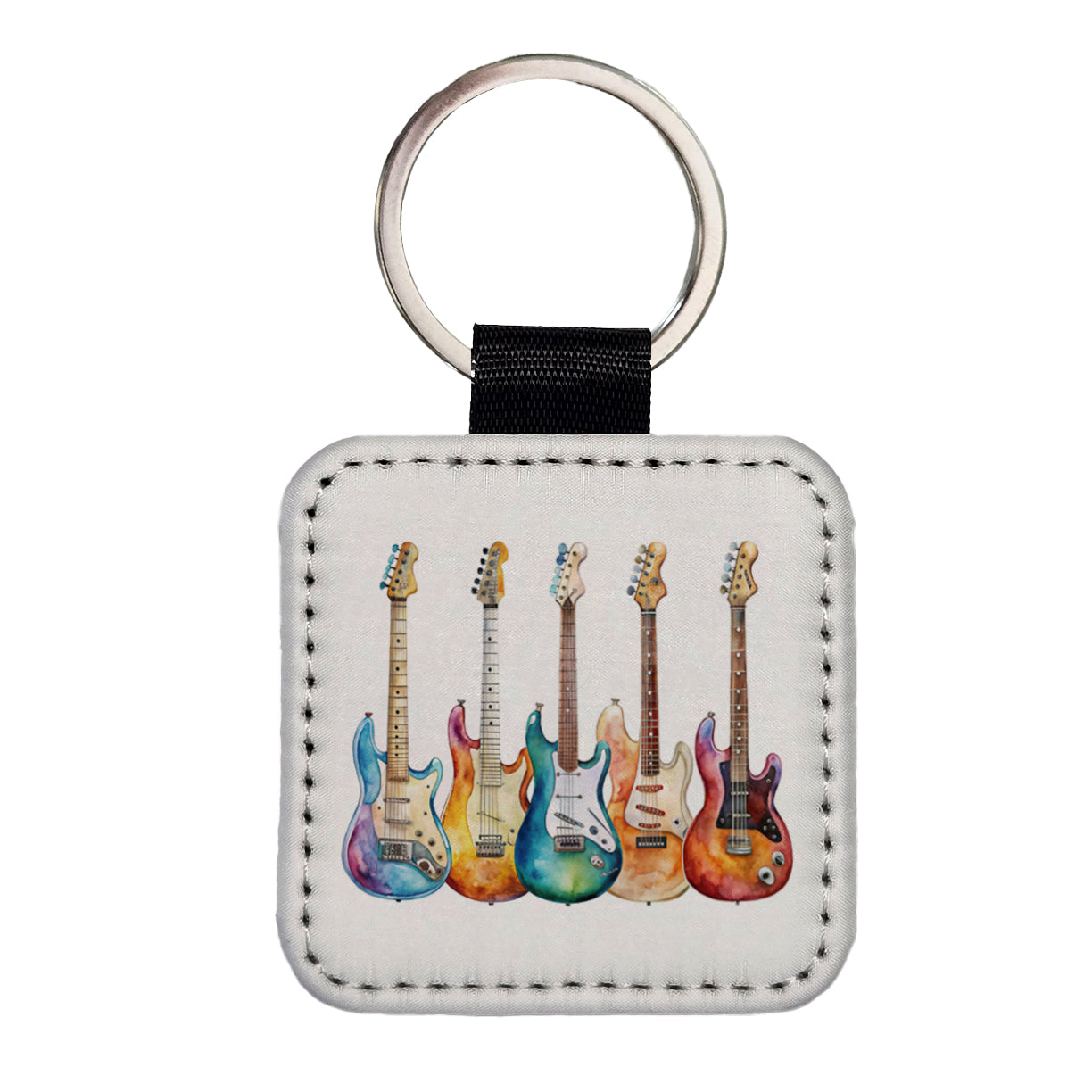 Rock And Roll Guitar Collection Watercolor Square Faux Leather Keychain