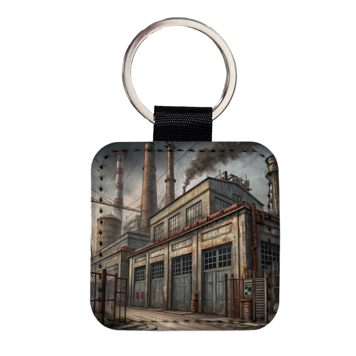 Rundown Old Industrial Factory Square Faux Leather Keychain