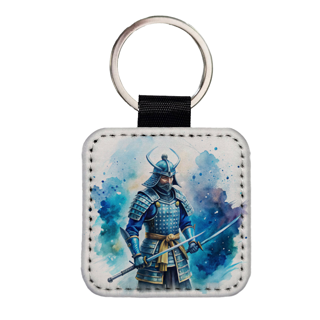 Samurai With Katana And Blue Armor Watercolor Square Faux Leather Keychain