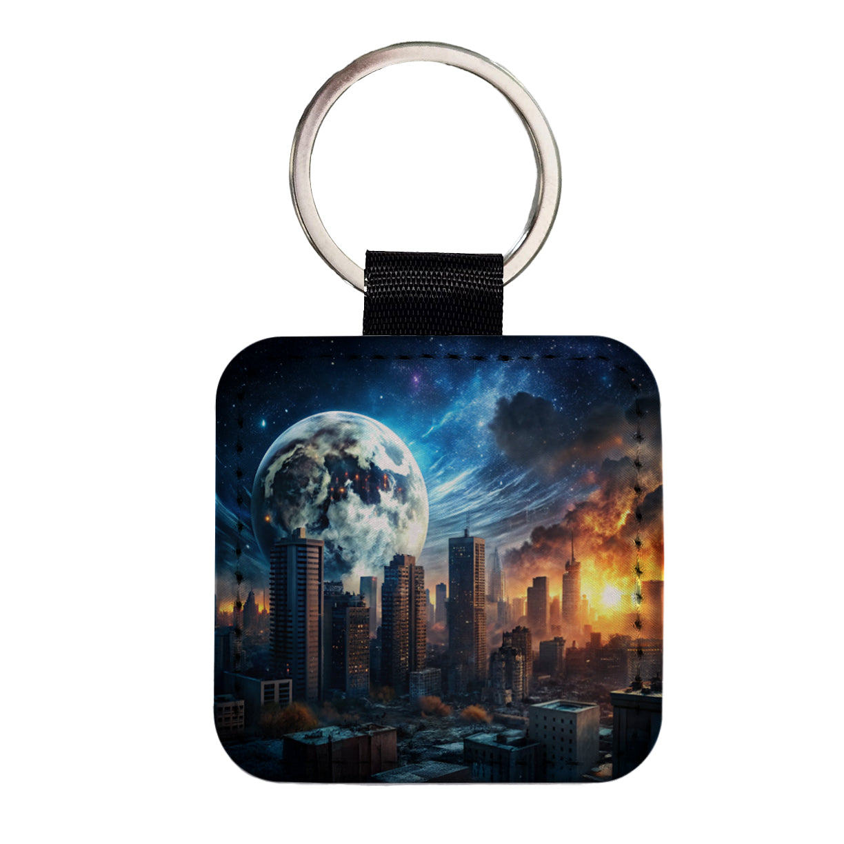 Sci-fi Apocalypse Cityscape City At Night Under a Large Full Moon Square Faux Leather Keychain