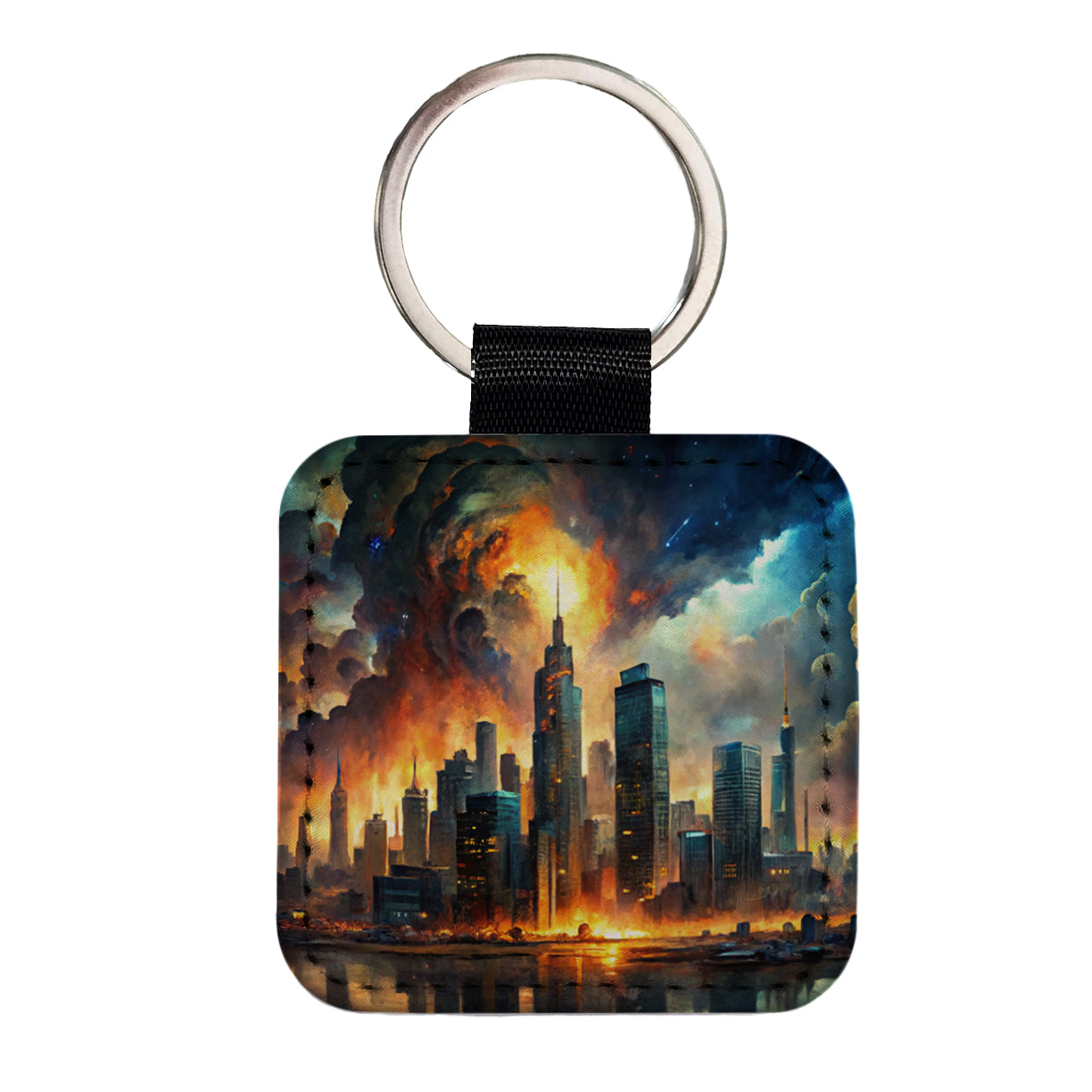 Sci-fi Apocalypse End Of The World Cityscape Square Faux Leather Keychain