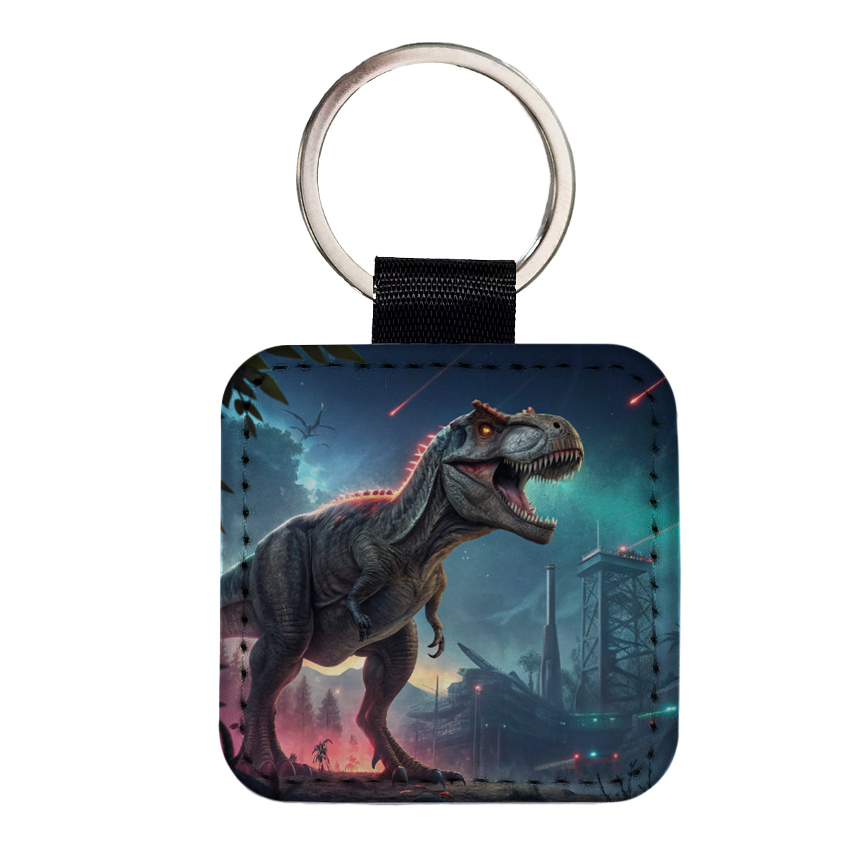 Sci-fi Futuristic T-Rex Dinosaur Square Faux Leather Keychain