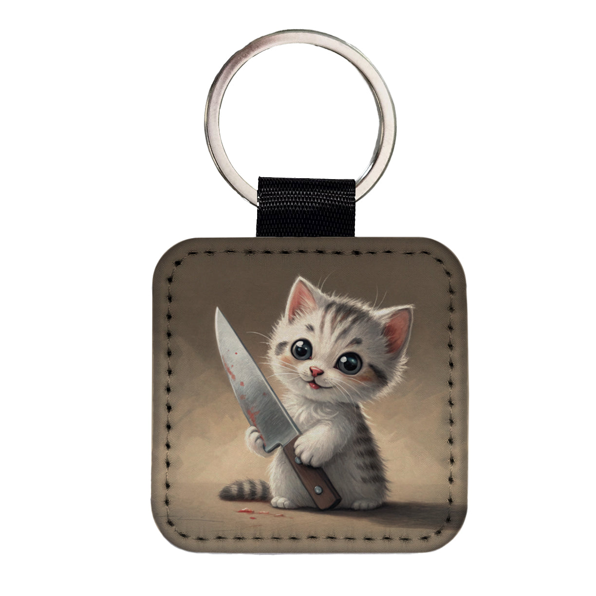 Small Cute Cat Kitten with a Butcher Knife Funny Square Faux Leather Keychain