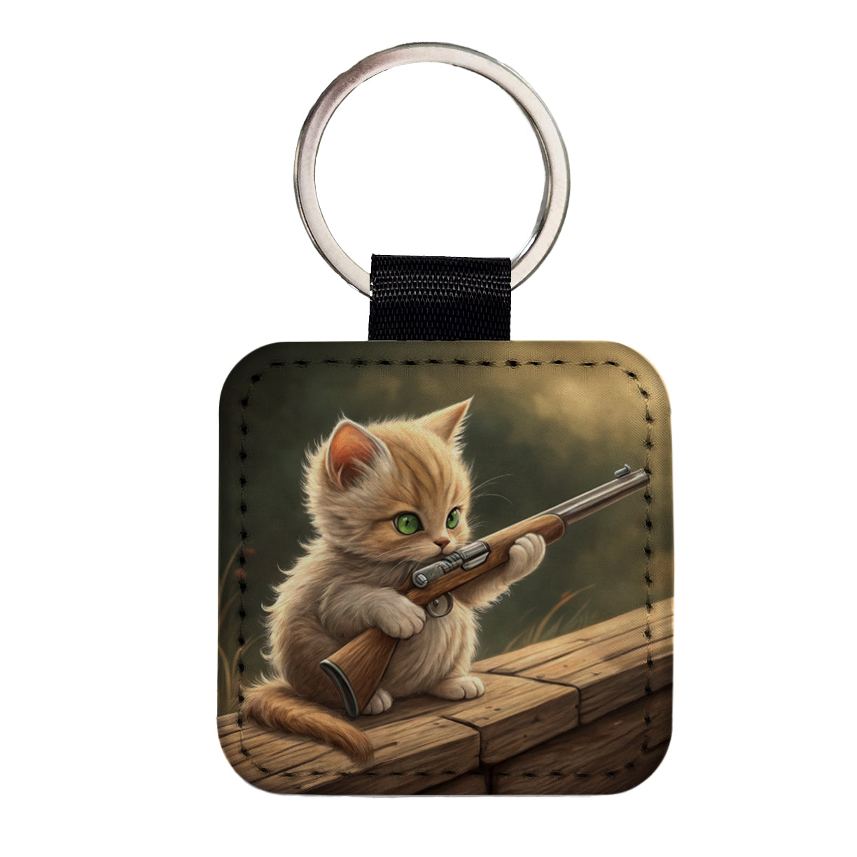 Small Cute Fuzzy Cat Kitten with a Shotgun Funny Square Faux Leather Keychain