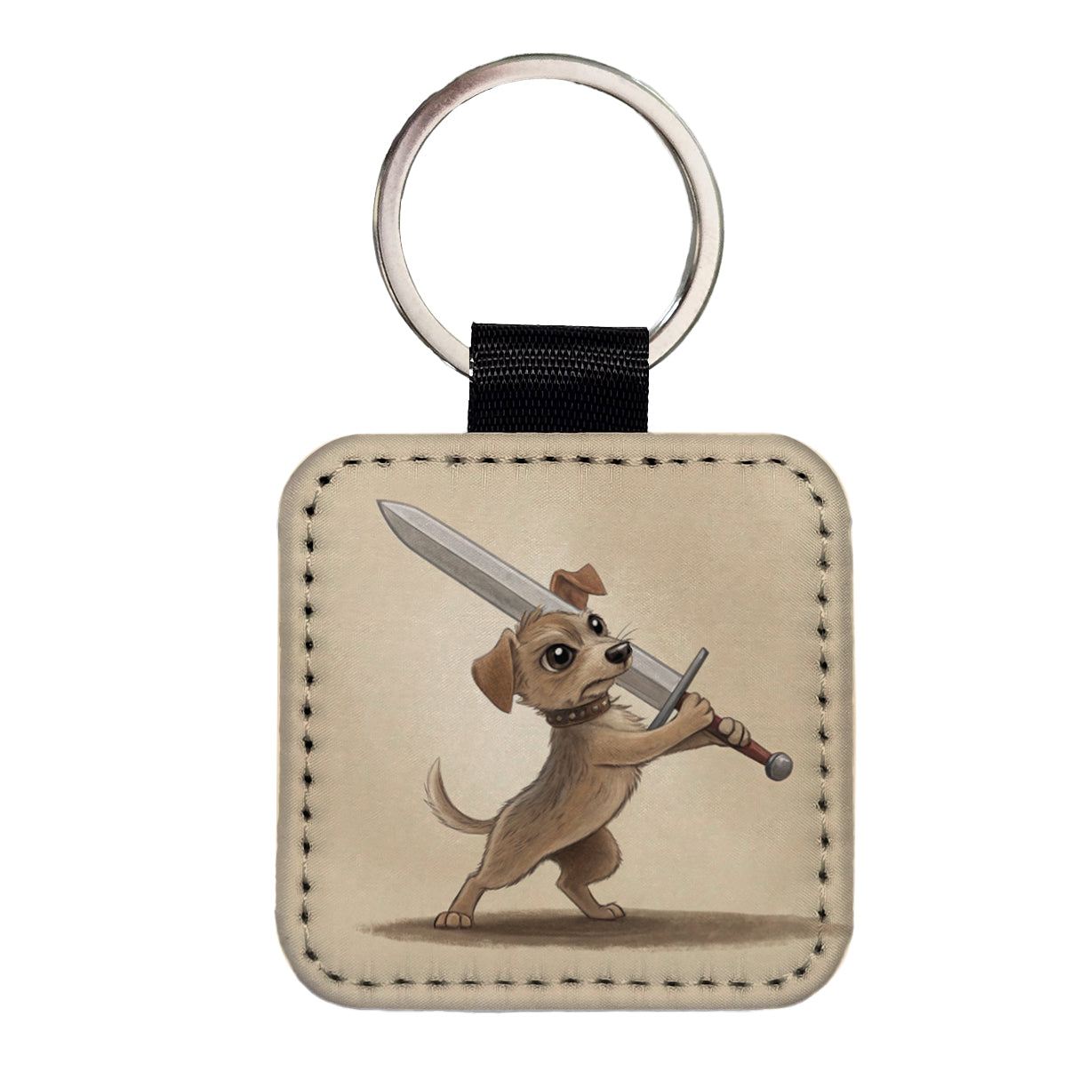 Small Dog Wielding a Large Sword Funny Fantasy Square Faux Leather Keychain