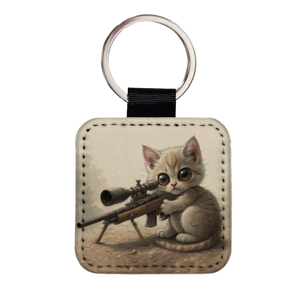 Small Fuzzy Cat Kitten With A Sniper Rifle Funny Square Faux Leather Keychain