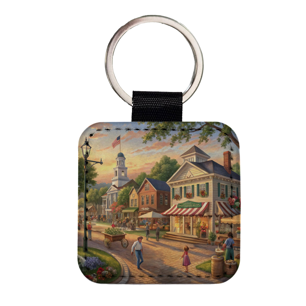 Small Town Americana Scene Square Faux Leather Keychain