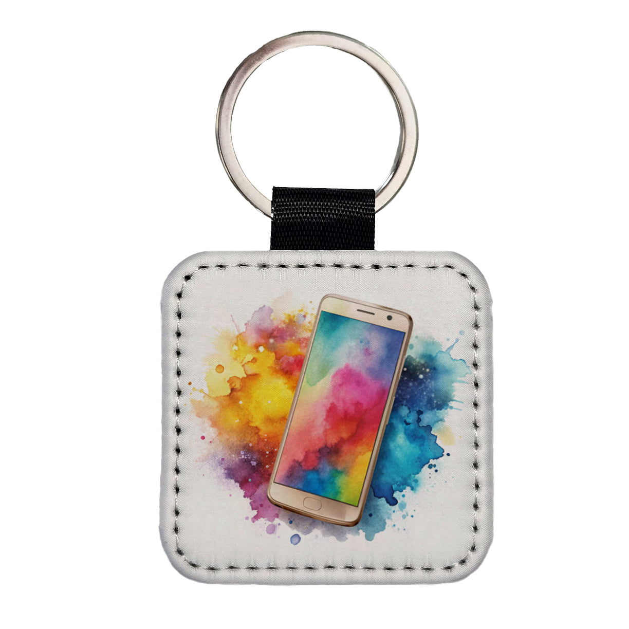 Smart Phone Watercolor Square Faux Leather Keychain