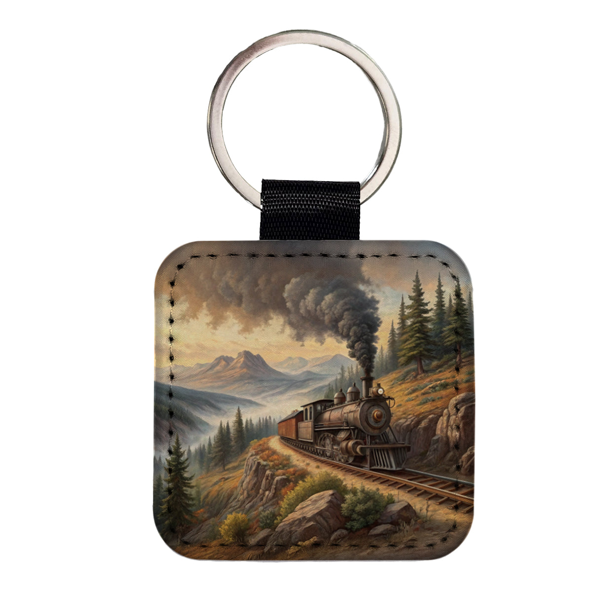 Steam Locomotive Coming Around The Mountain Old West Western Square Faux Leather Keychain