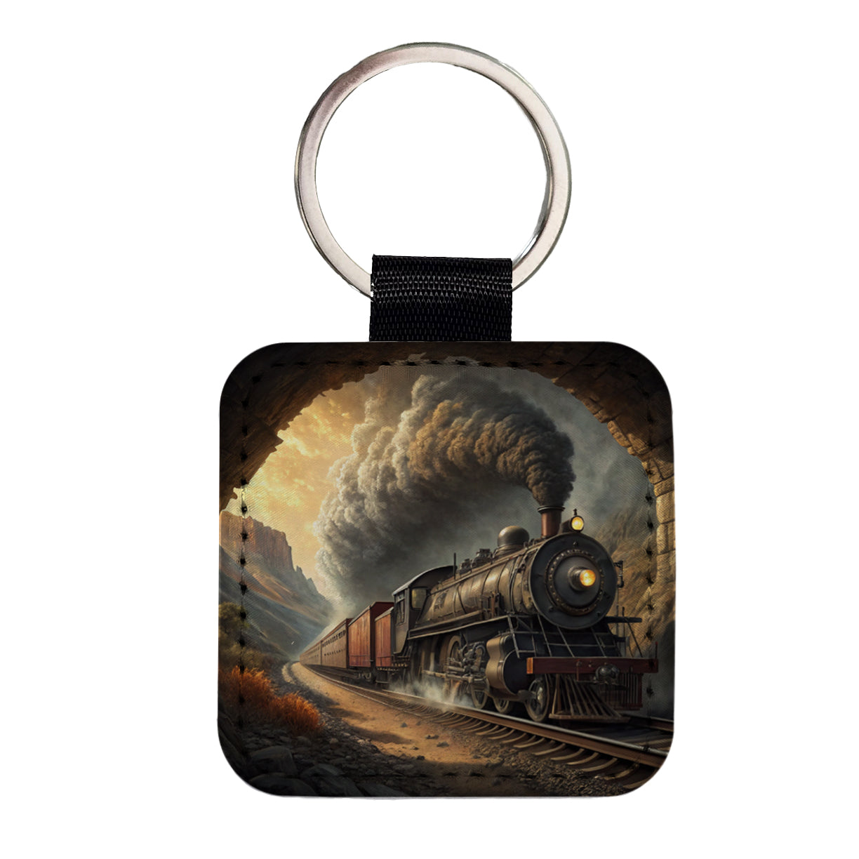 Steam Locomotive Coming Through Tunnel Old West Square Faux Leather Keychain