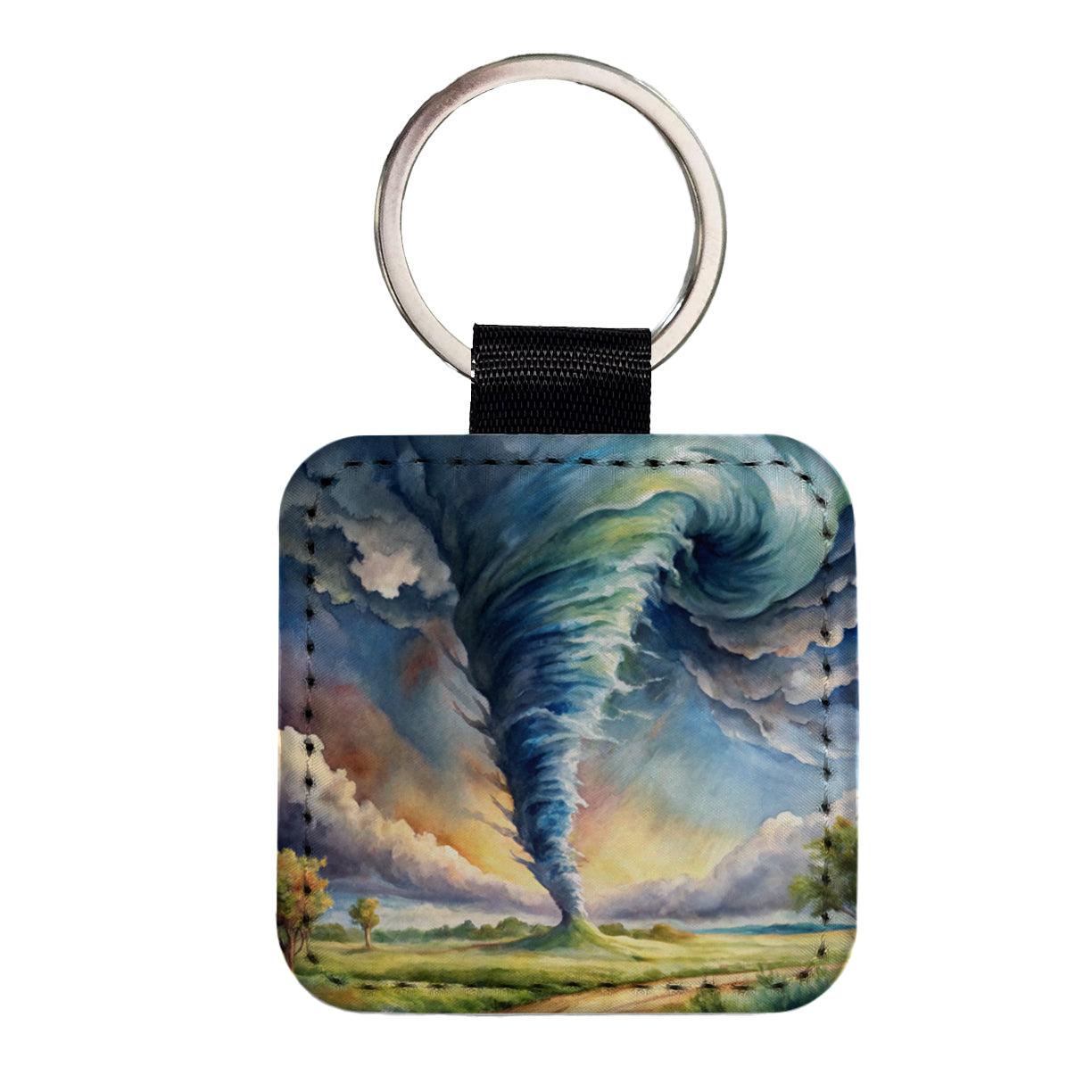 Tornado Twister Watercolor Square Faux Leather Keychain