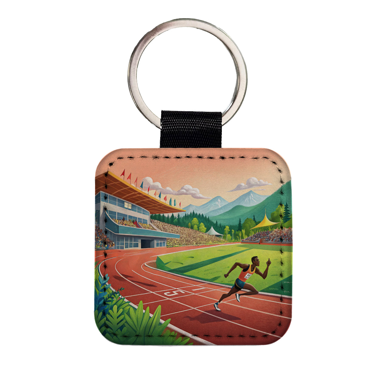 Track And Field Running Race Dash Square Faux Leather Keychain