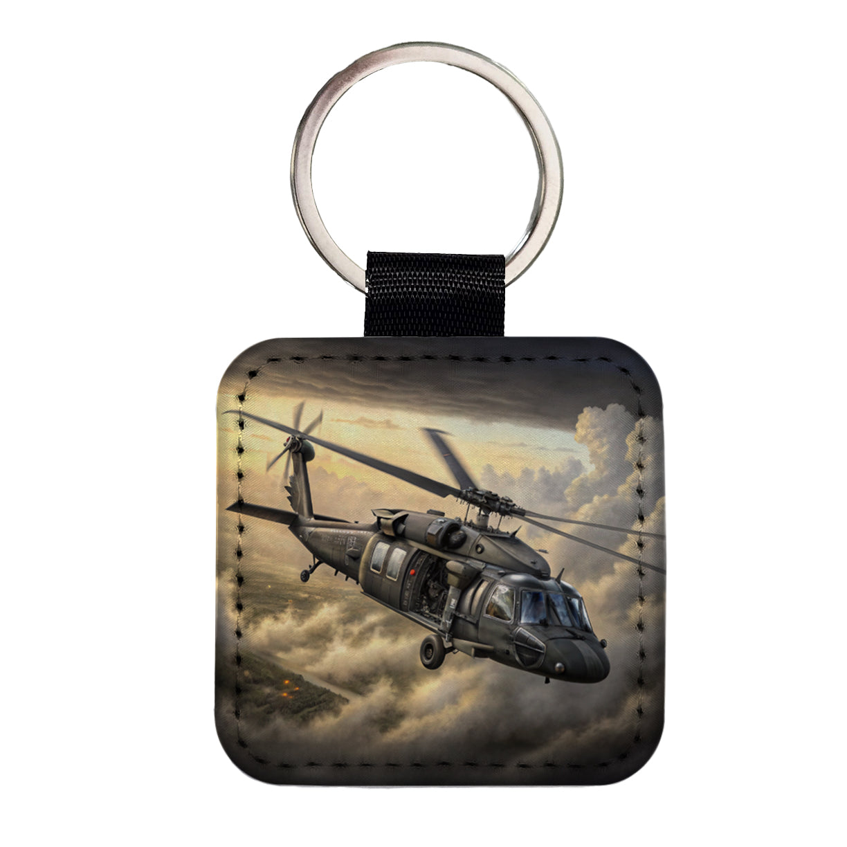 UH-60 Black Hawk US Helicopter Square Faux Leather Keychain
