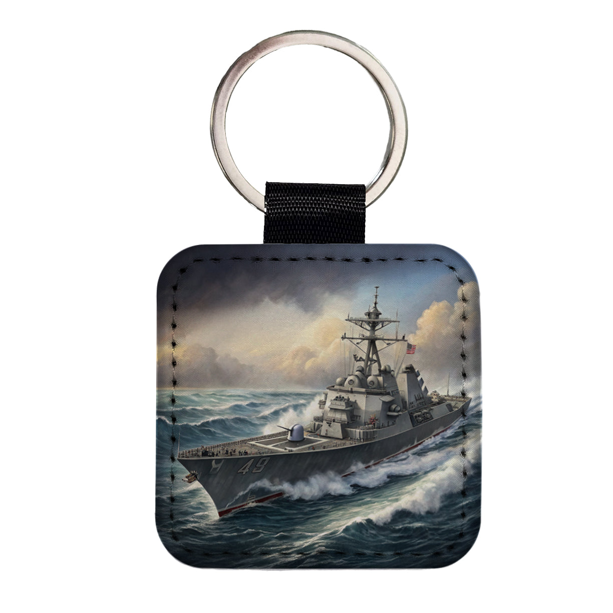 US Navy Destroyer Underway Square Faux Leather Keychain