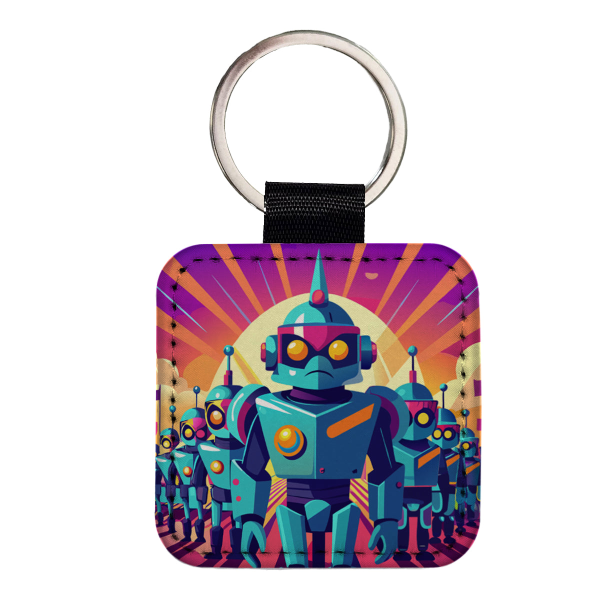 Vibrant Colored Sci-fi Robot Army Marching Square Faux Leather Keychain