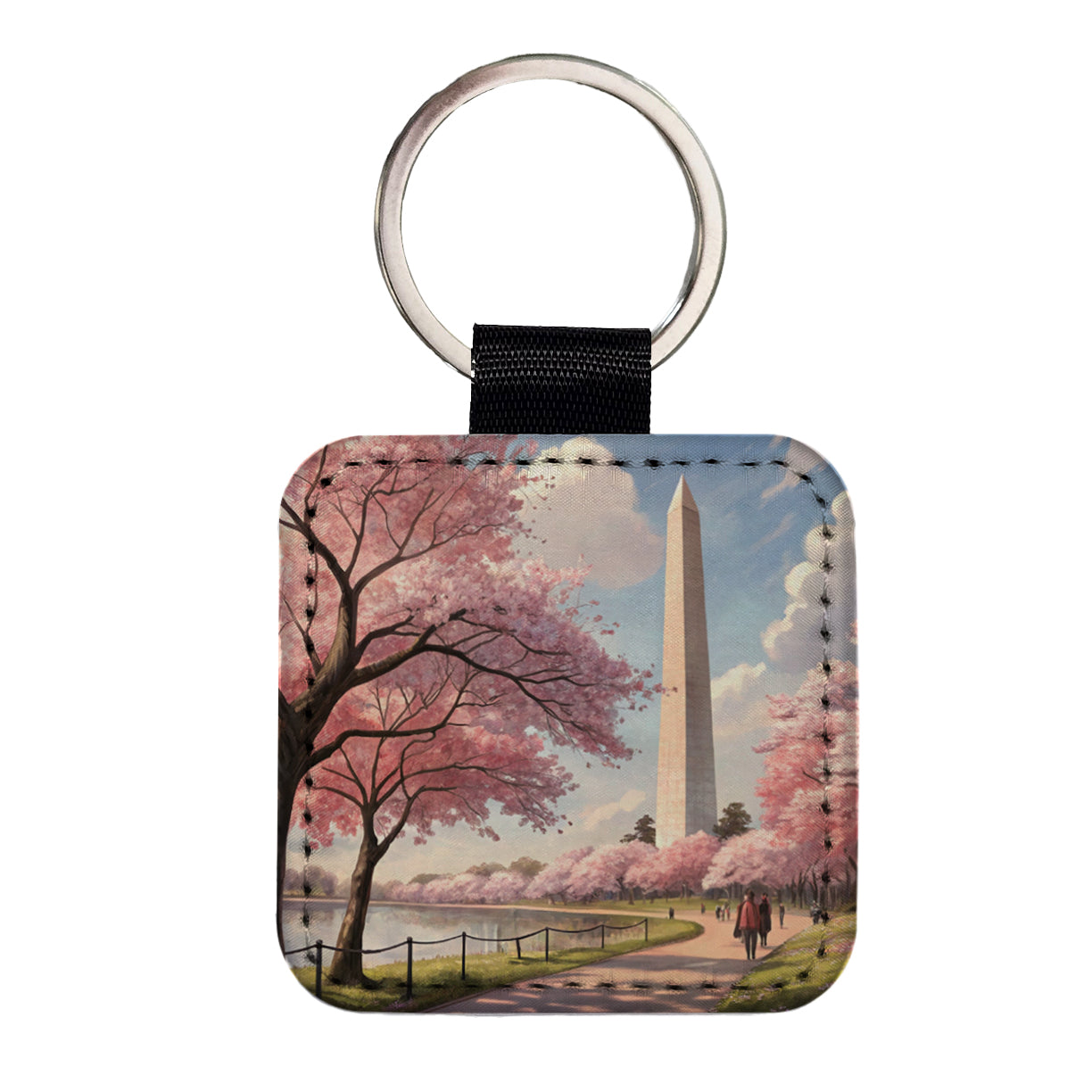 Washington Monument During Cherry Tree Blossom Season Square Faux Leather Keychain