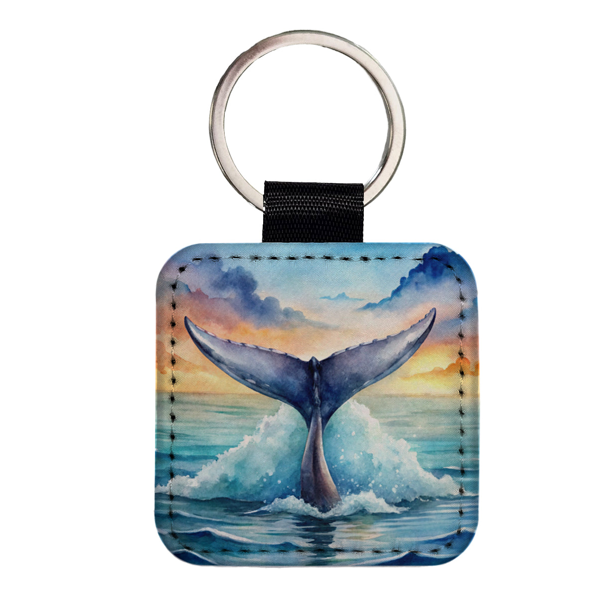 Whale Tail Ocean Watercolor Square Faux Leather Keychain