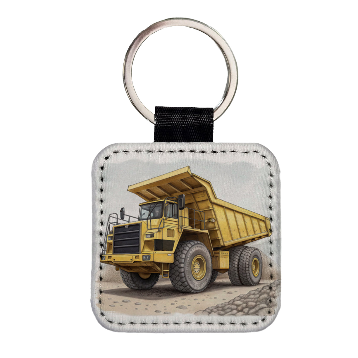 Yellow Dump Truck Construction Equipment Square Faux Leather Keychain