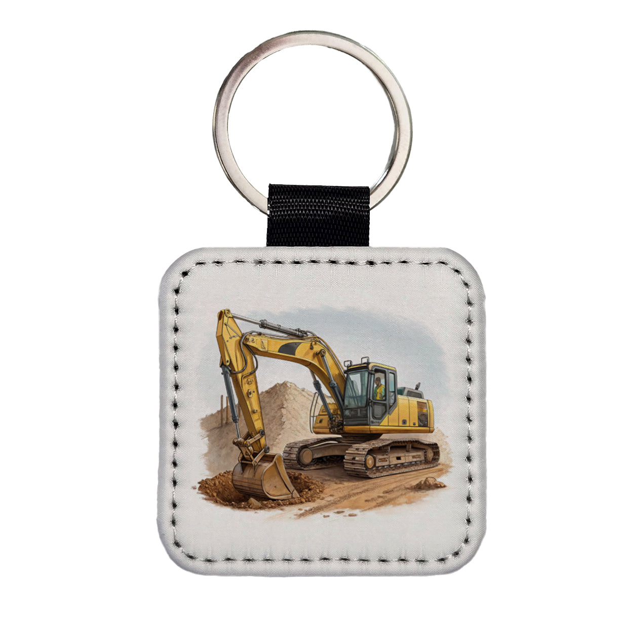 Yellow Excavator Construction Equipment Square Faux Leather Keychain