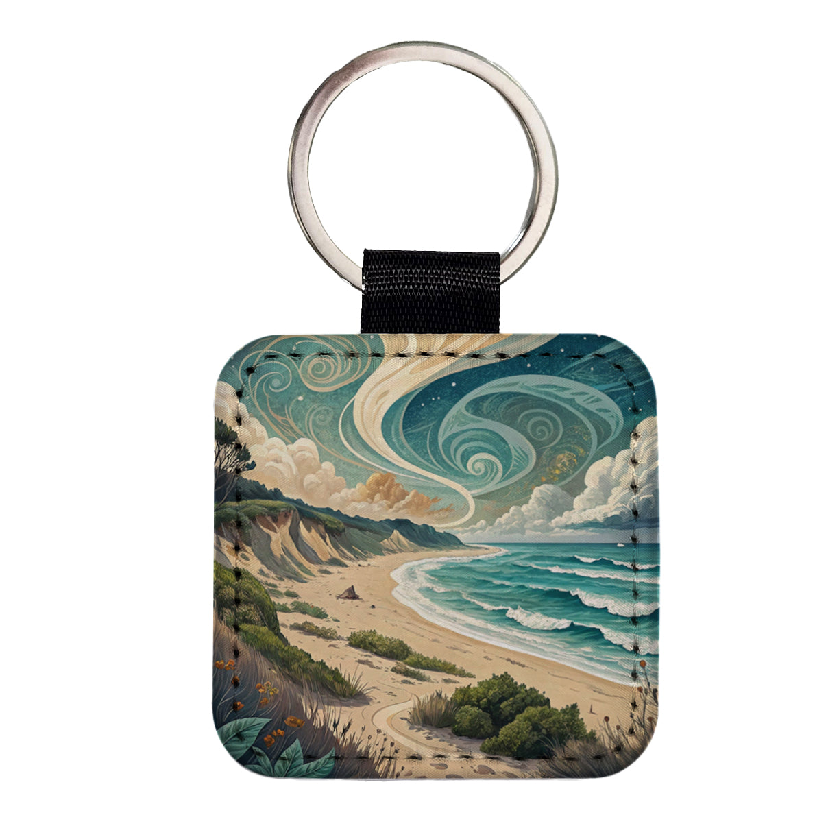 Abstract Beach Shore Landscape Square Faux Leather Keychain