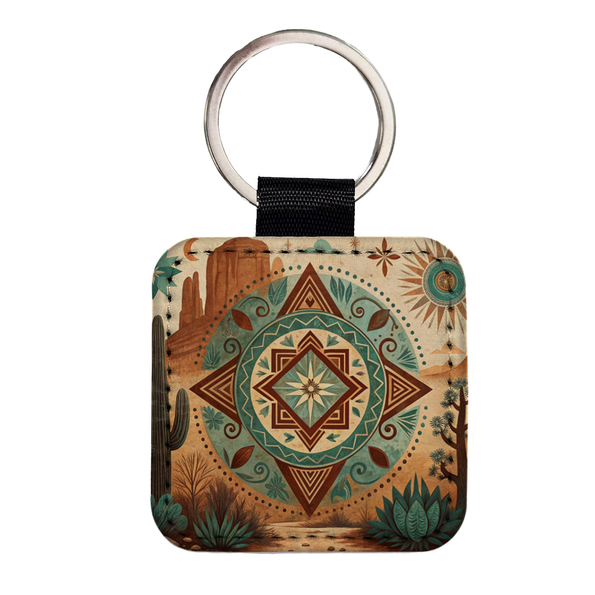 Abstract Southwestern Teal Brown Desert Design Square Faux Leather Keychain