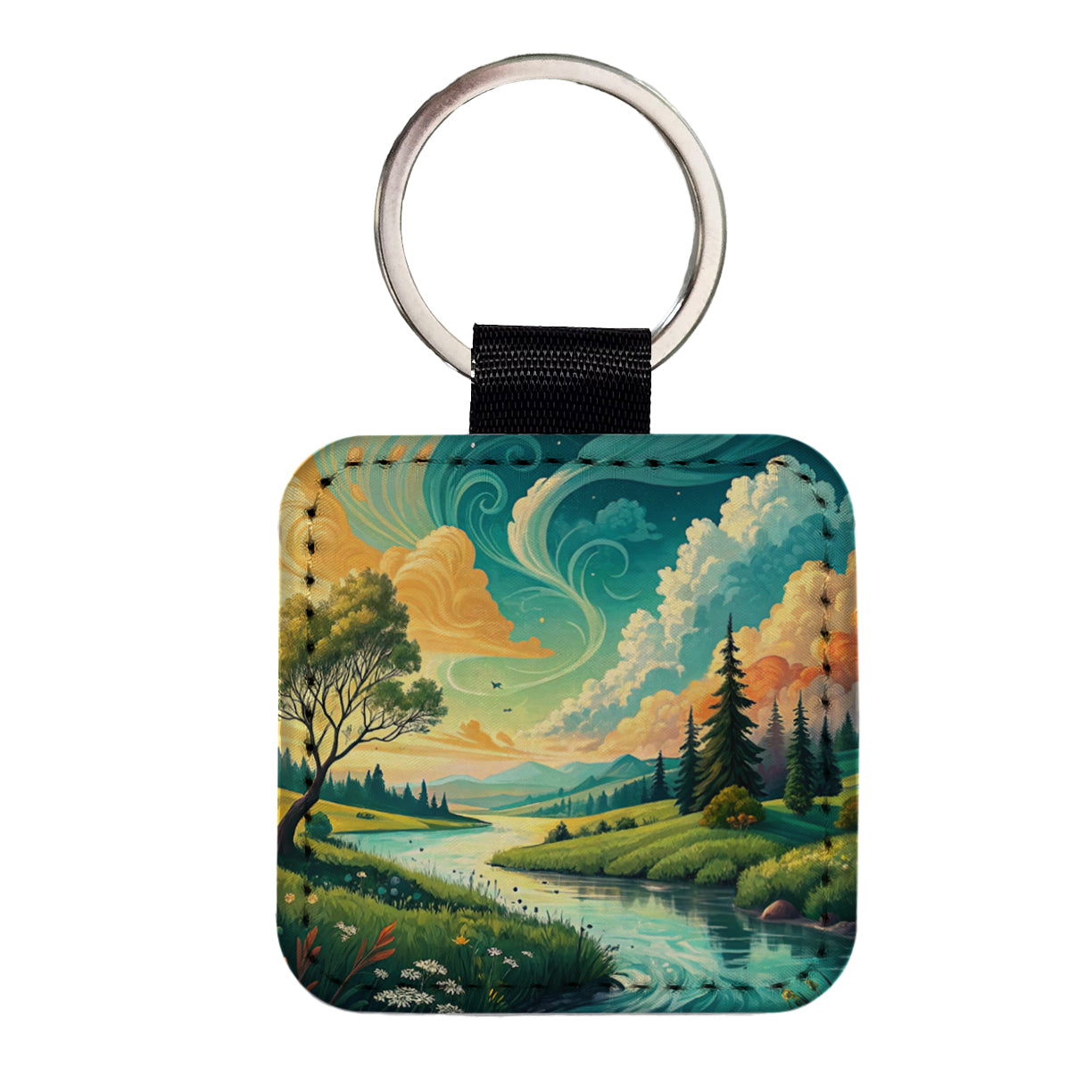 Abstract Summer Landscape Square Faux Leather Keychain