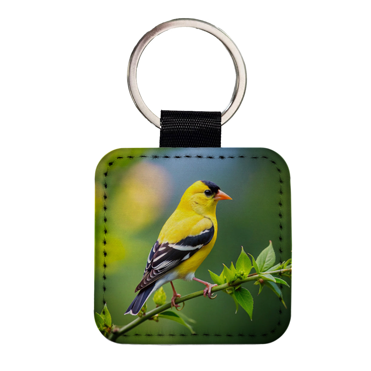 American Goldfinch Backyard Bird Square Faux Leather Keychain