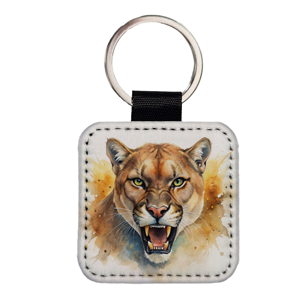Angry Mountain Lion Cougar Watercolor Square Faux Leather Keychain