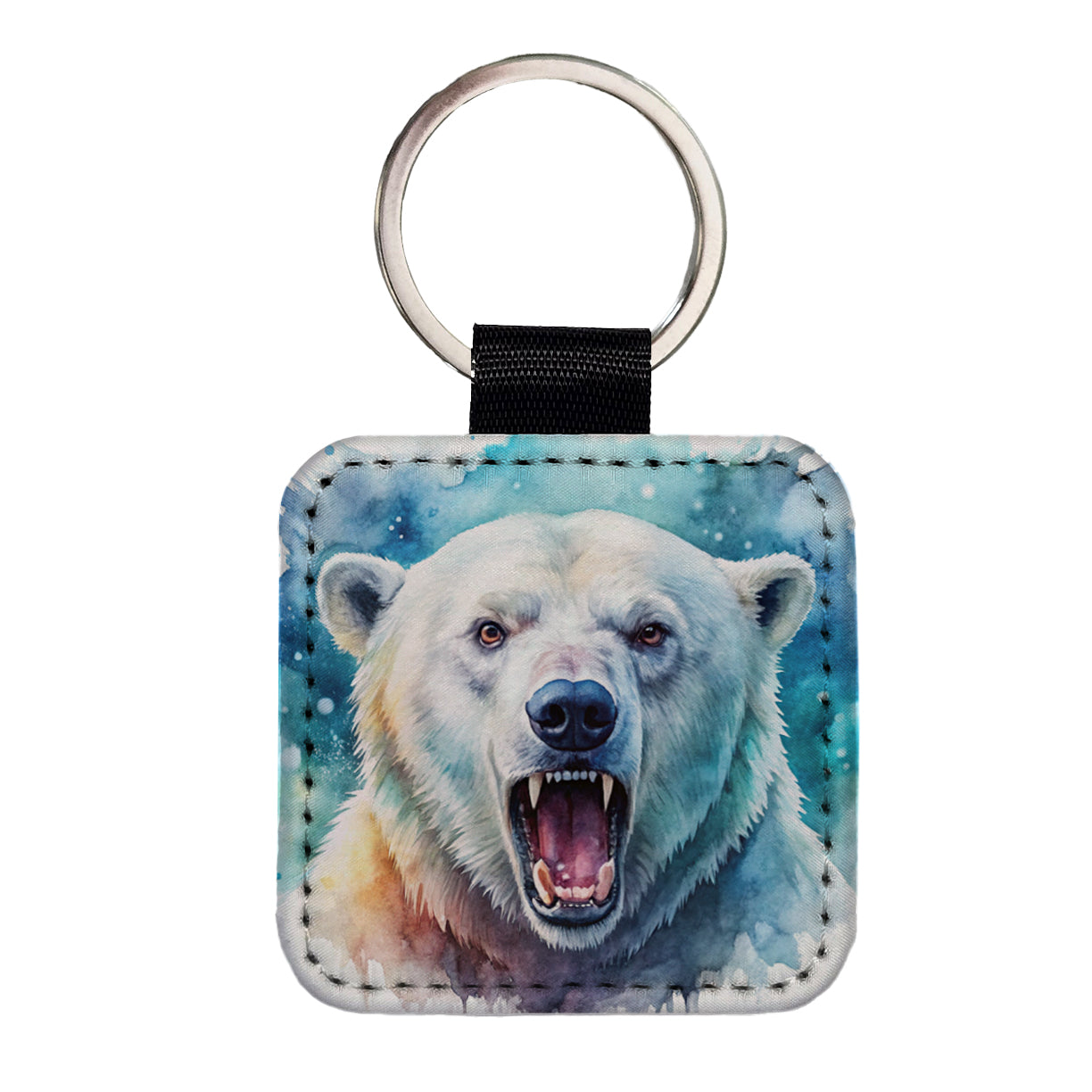 Angry Polar Bear Watercolor Square Faux Leather Keychain