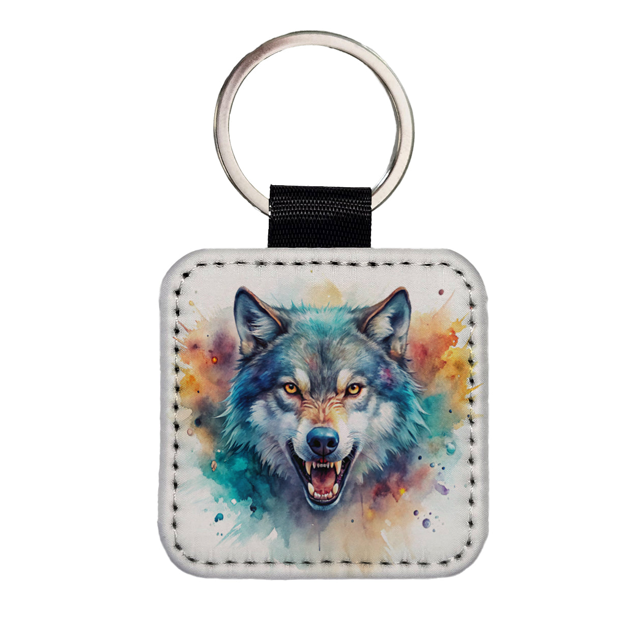 Angry Wolf Watercolor Square Faux Leather Keychain