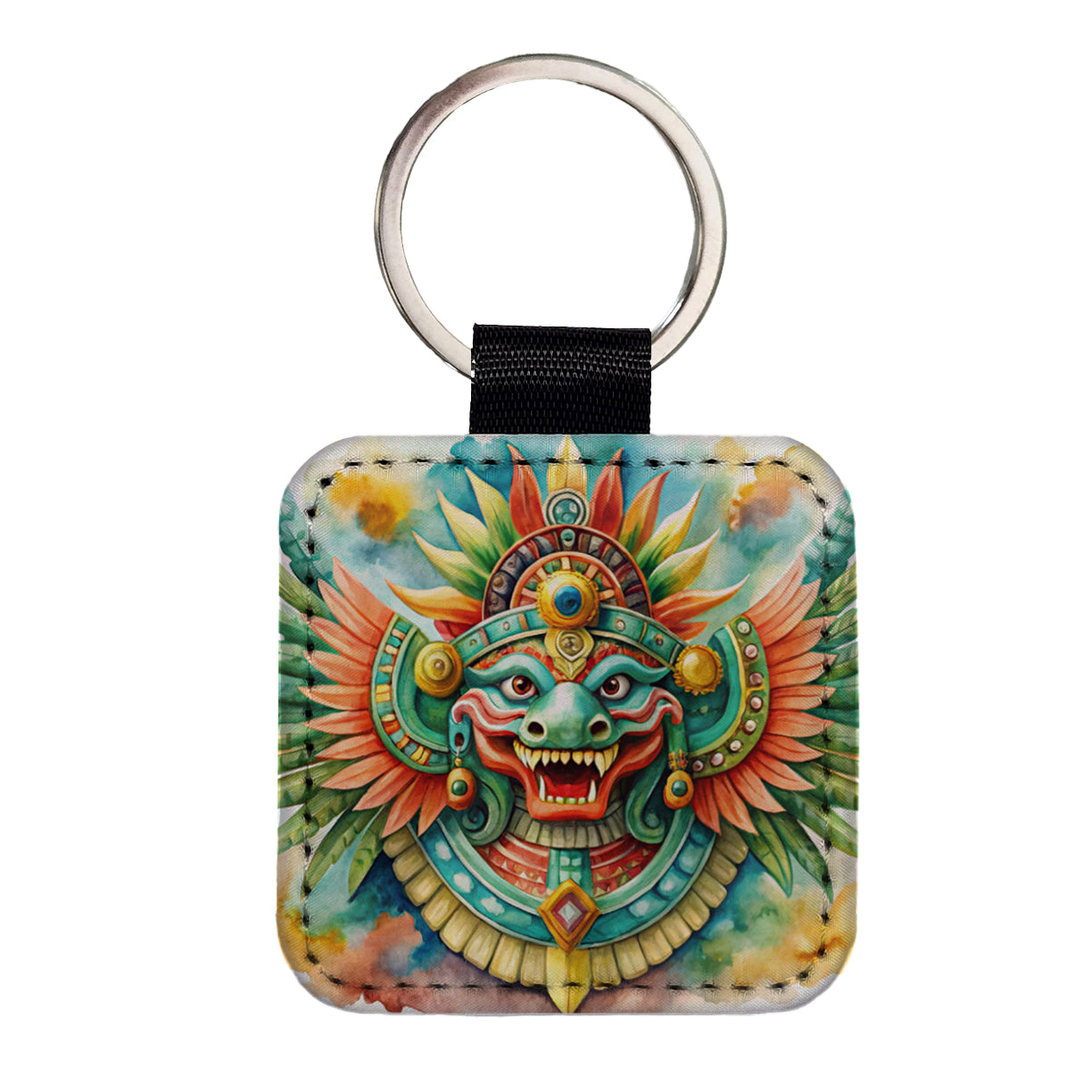 Aztec God Quetzalcoatl Watercolor Square Faux Leather Keychain