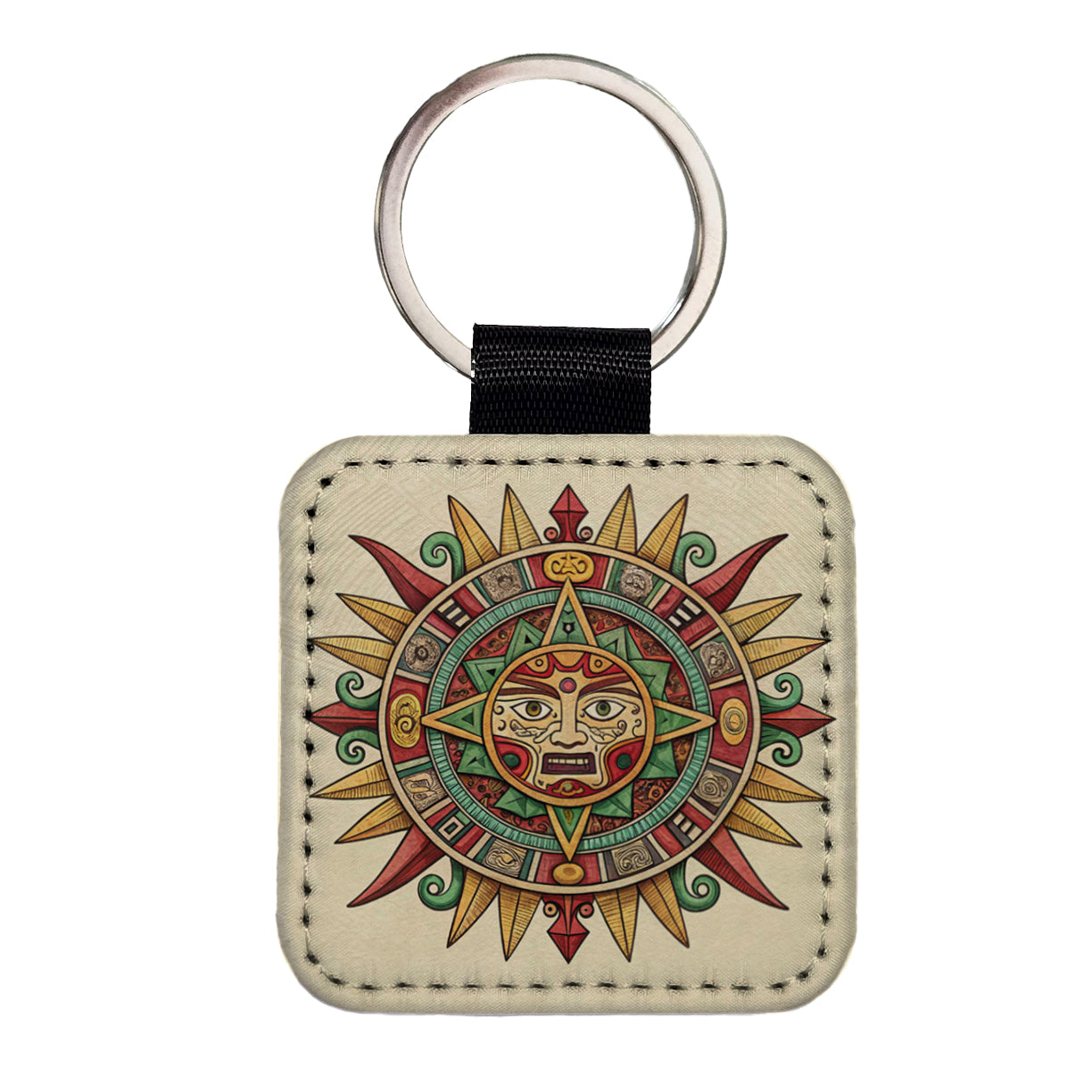Aztec Sun God Symbol Square Faux Leather Keychain