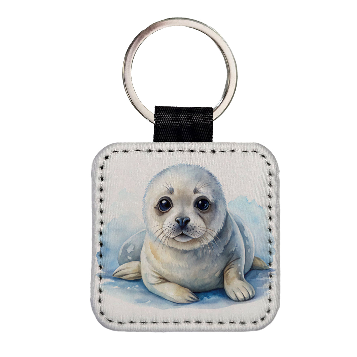Baby Harp Seal Watercolor Square Faux Leather Keychain