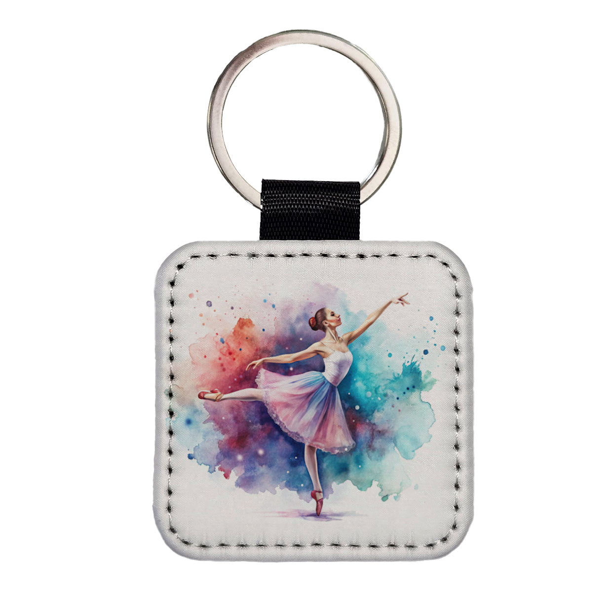 Ballet Dancer Watercolor Square Faux Leather Keychain
