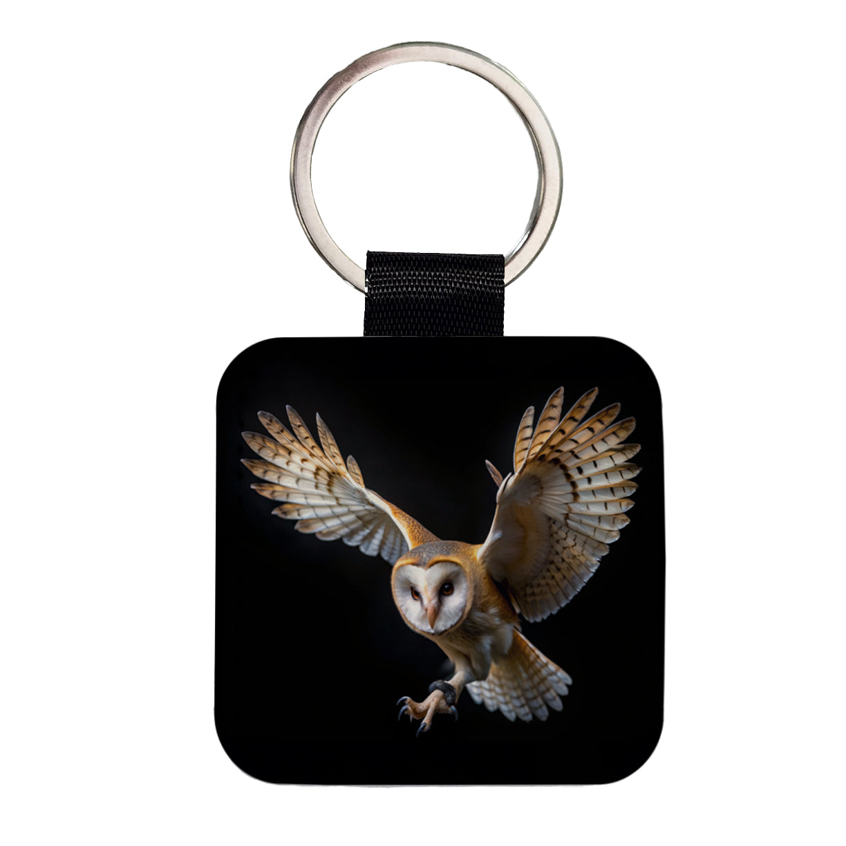 Barn Owl Flying Raptor Bird Of Prey Square Faux Leather Keychain