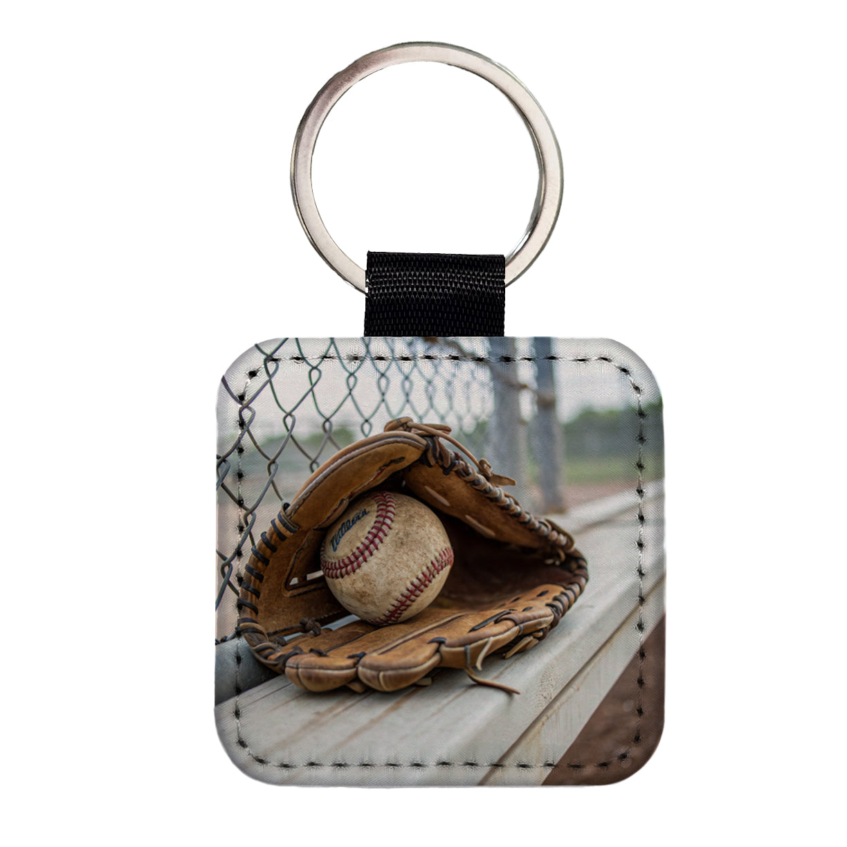 Baseball Glove With Baseball on Dugout Bench Square Faux Leather Keychain