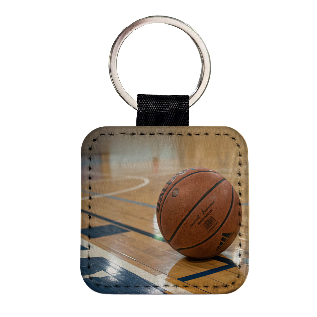Basketball on Court Square Faux Leather Keychain