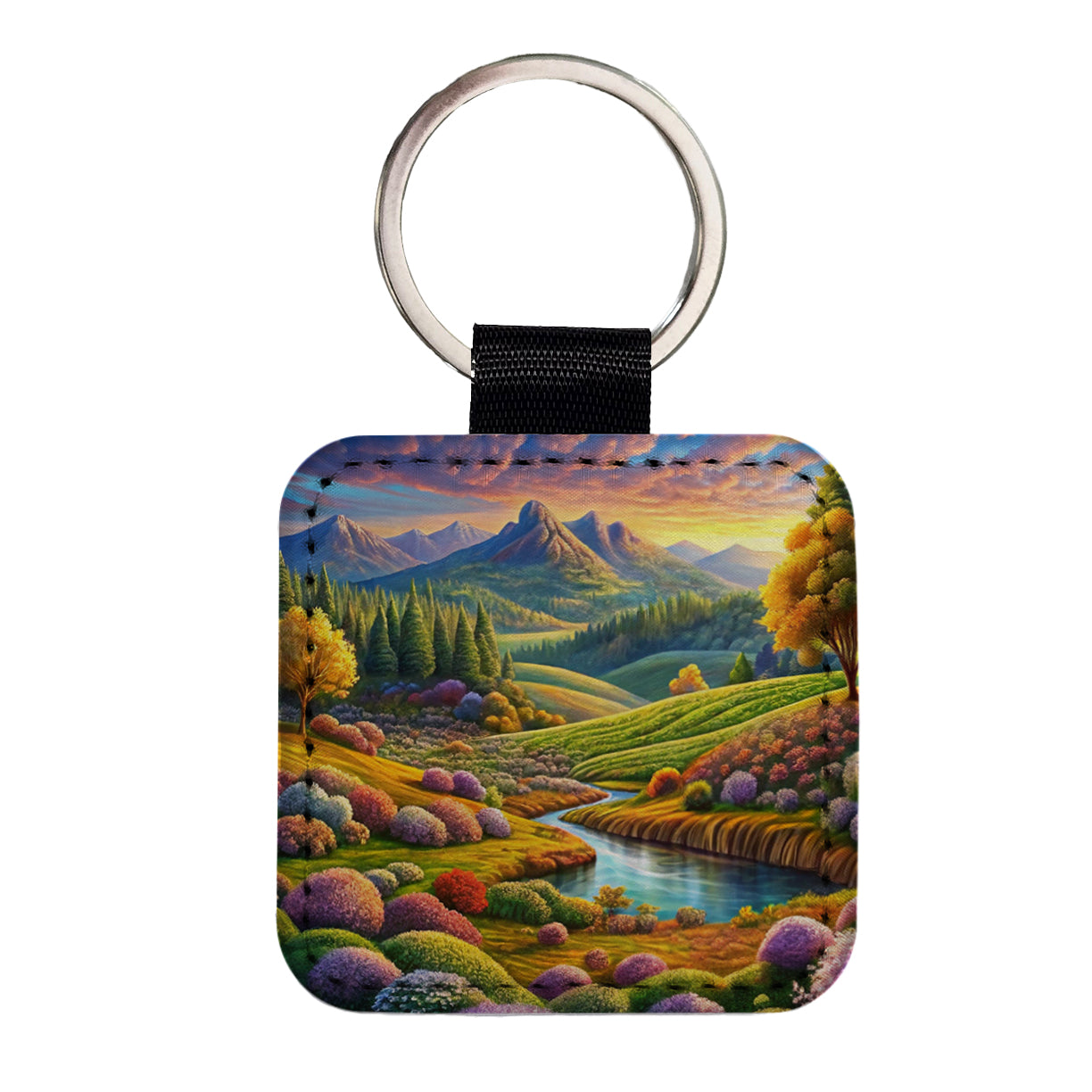 Beautiful Colorful Pastel Landscape Square Faux Leather Keychain