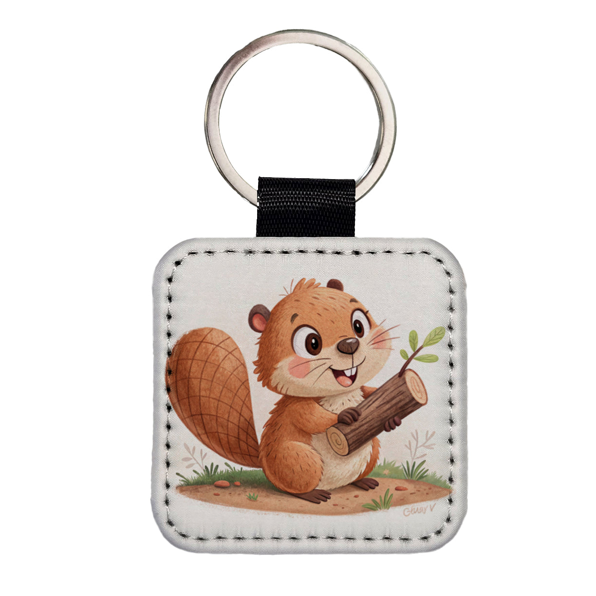 Beaver Children's Illustration Style Square Faux Leather Keychain