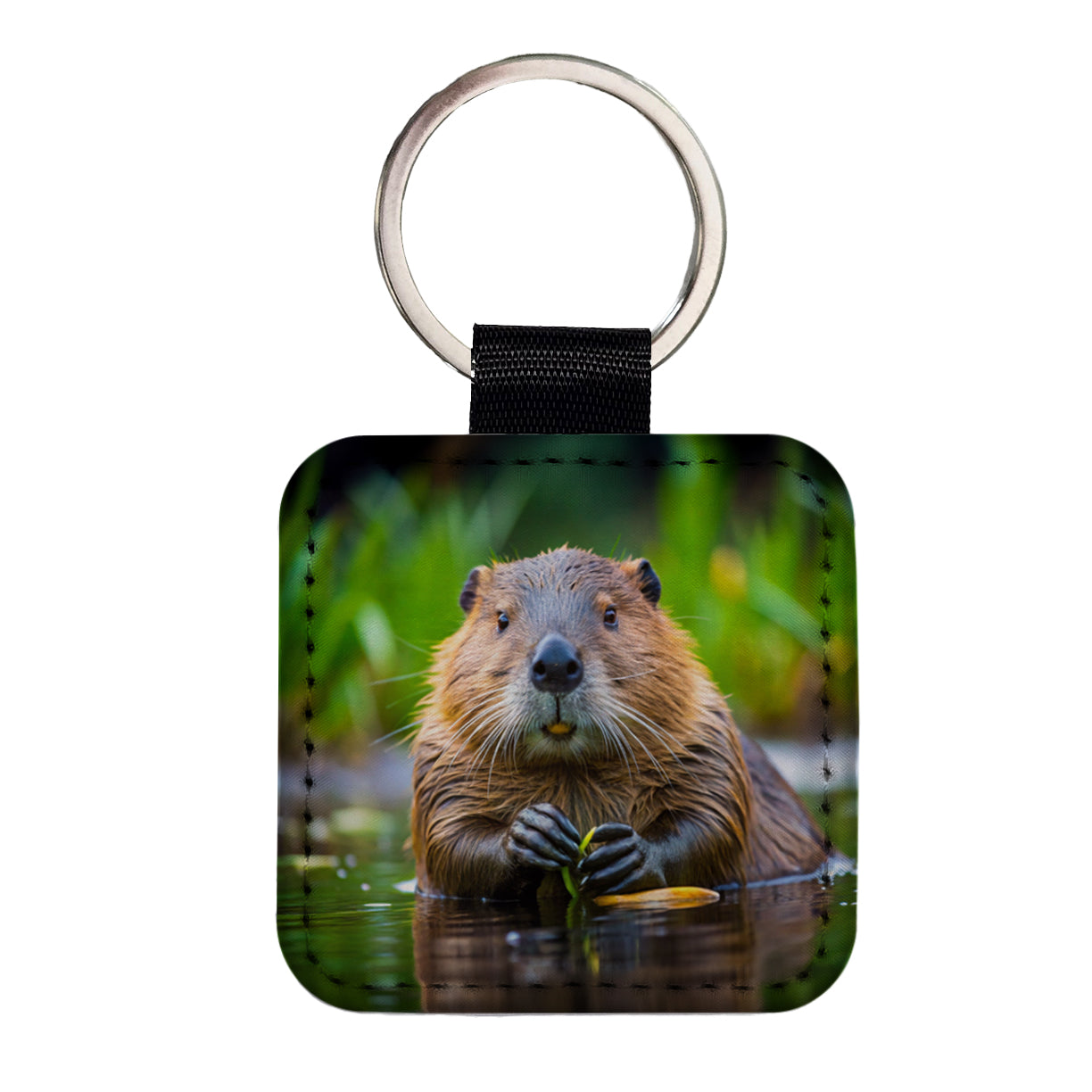 Beaver Square Faux Leather Keychain