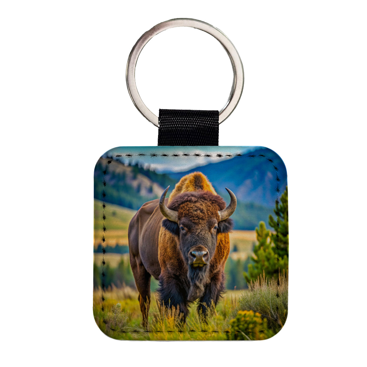 Bison Buffalo Square Faux Leather Keychain