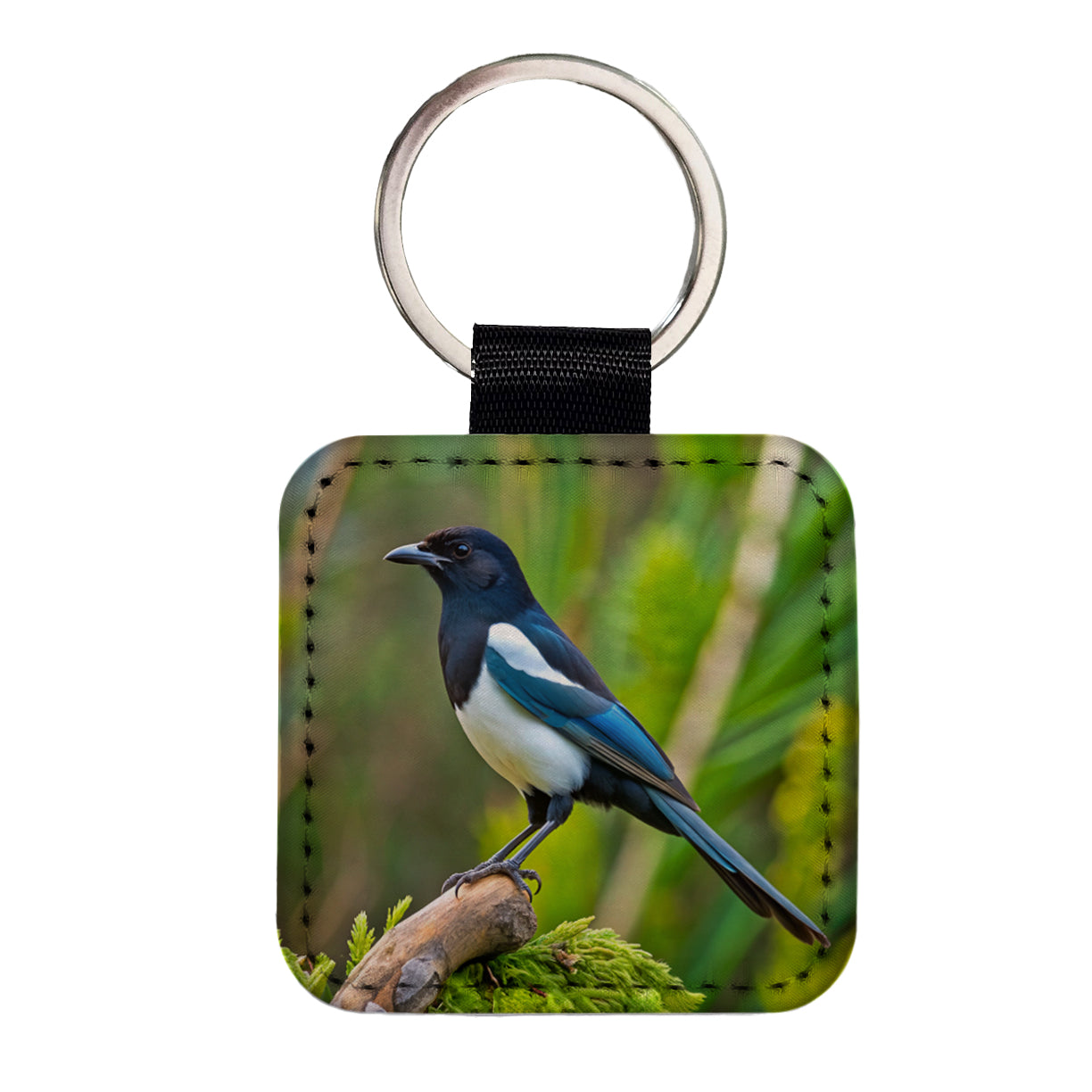Black Billed Magpie Backyard Bird Square Faux Leather Keychain