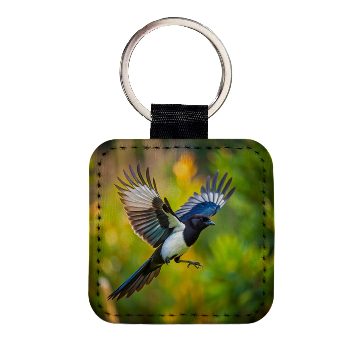 Black Billed Magpie Flying Backyard Bird Square Faux Leather Keychain